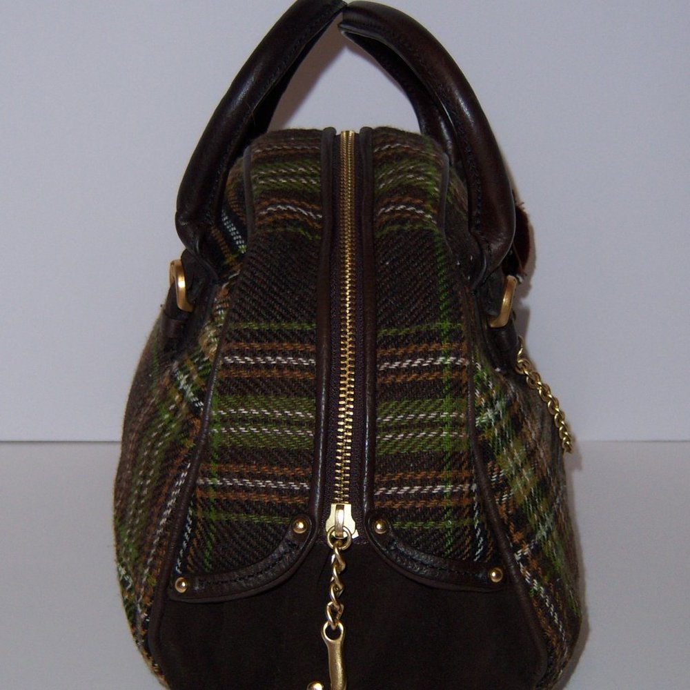 Vintage Juicy Couture Brown Green Tweed Plaid Wool Bowler Bag Y2K Academia - Picture 4 of 9
